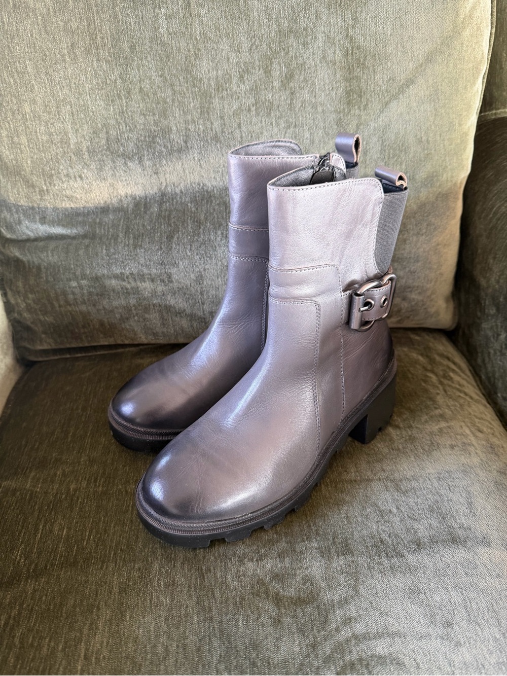 Chunky Heeled Mid-Calf Boots in Lavender Gray with Buckle Detail - Picture 2 of 5
